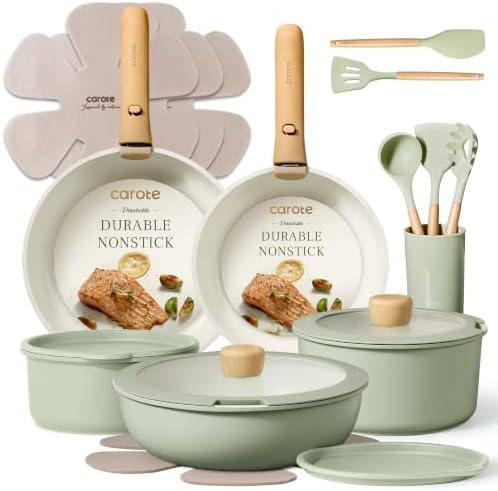 CAROTE 21pcs Pots and Pans Set Non Stick, Detachable Handle Cookware, Green | Induction Compatible, Dishwasher & Oven Safe, Kitchen Organization, Cooking Set for Camping/RV/Traveling, House Warming Gift