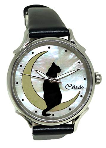 Celeste La Luna Black Cat on The Moon Women’s Swiss Quartz Watch 35mm Mother of Pearl Dial Black Calfskin Strap