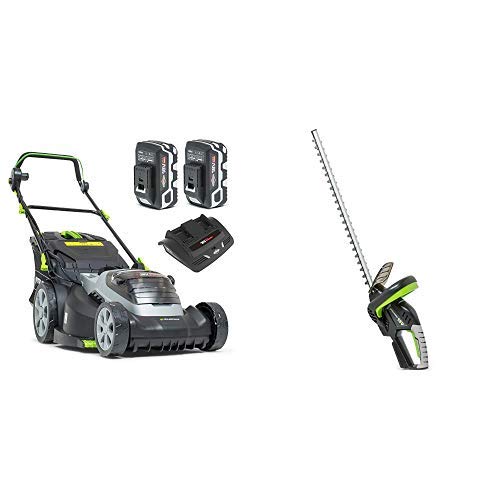 2x18V (36V) Lithium-Ionen 44 cm Akku-Rasenmäher IQ18WM44, inklusive 2x 5Ah Batterie und Zweifach-Ladegerät + 18V Lithium Ionen Heckenschere