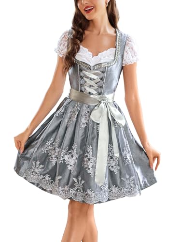 VAFADRESS Disfraces de 3 piezas de vestido tirolés alemán para el Oktoberfest bávaro, trajes de carnaval, gris, talla M