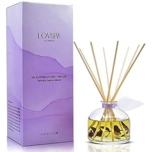 LOVSPA Reed Diffuser Set, DE-Stress Lavender Eucalyptus Scented Oil Diffuser with Sticks, Home Fragrance Accessories for Bathroom Shelf Decor, Aroma Diffusers for Home or Office Desk, USA Made