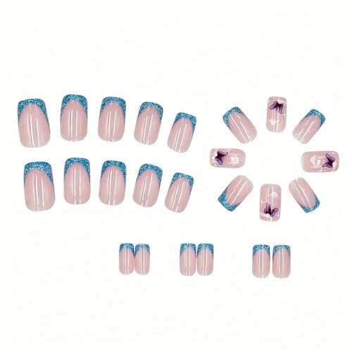 Image of Blue French Tip Press on Nails Glitter Fake Nails Medium Square False Nail