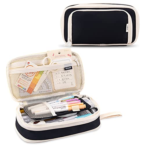 Image of iSuperb Big Capacity Pencil Case Large Pencil Pouch Portable Pen Bag with 2 Compartments Black Pen Organizer for School Teen Boys Girls Men Women
