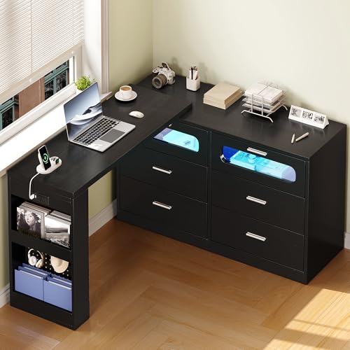 DWVO Vanity Table with RGB Lights, 360° Rotatable LED Drawer Dresser with 6 Drawers, Vanity Desk with Storage Cabinet and Charging Station for Bedroom, Executive Computer Desk for Workspace, Black