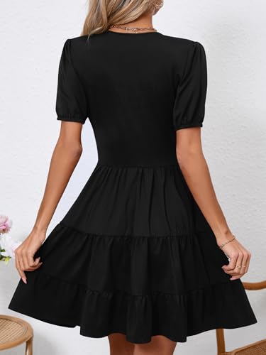 Image of Women's Casual Summer Dress V Neck Short Sleeve Flowy Stretchy Comfort Fit for Daily Wear Work Midi Dresses