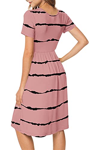 Image of DB MOON Women Summer Casual Short Sleeve Dresses Empire Waist Dress with Pockets(Stripes Red Bean Paste, S)