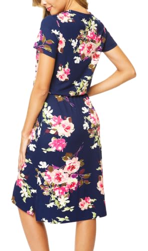 Image of Simier Fariry Womens Summer Hide Belly Knee Length Travel Dress Pocket Short Sleeve Midi Work Casual Outfits