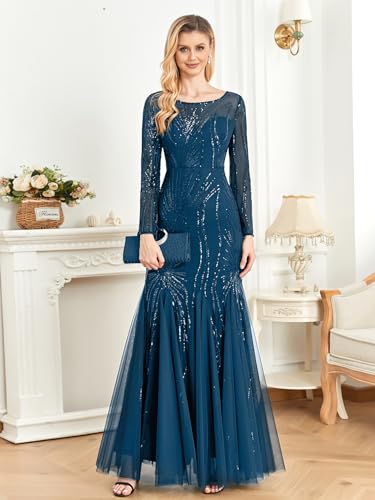 Image of Long Sleeve Sequin Evening Dress Glitter Mermaid Long Gown for Mother of The Bride Or Wedding Guest