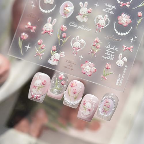 Bunny Nail Stickers Easter Nail Decals Self-Adhesive Easter Nail Art Stickers Spring Floral Bow-Tie Star Rabbit Design Cute Nail Art Supplies Decorations Accessories for Women Holiday Nails