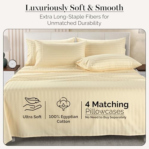 Casa Platino 100% Egyptian Cotton Sheets Full Size Set - 6 Pieces - Damask Stripe- Ultra Smooth Sateen Weave Bed Sheets Set with 15" Deep Pockets - Ivory