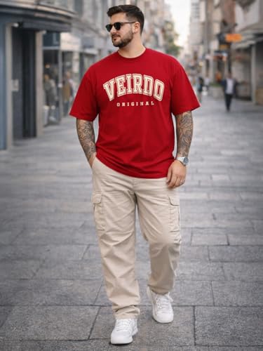 Image of Veirdo 100% Pure Cotton Oversized Fit Drop Shoulder Aesthetic Front Chest Typo Graphic Printed T-Shirt for Men (Sizes : 2XL to 5XL)