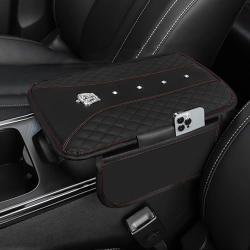 NBTEPEM Bling Crown Car Center Console Armrest Cover, Leather Middle Console Cover Cushion with 2 Storage Bags, Car Armrest Storage Box Interior Accessories for Most Vehicles(Black)