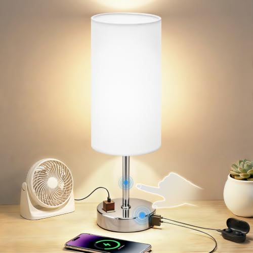 Image of Table Lamp, Dimmable Touch, AC Outlet, USB A+C (White&Silver) | 3-Way Dimmable, Small Touch Lamp with Eye-Care LED Bulb, Ideal Bright Lighting Bedside Lamps for Nightstand, Bedroom, Reading