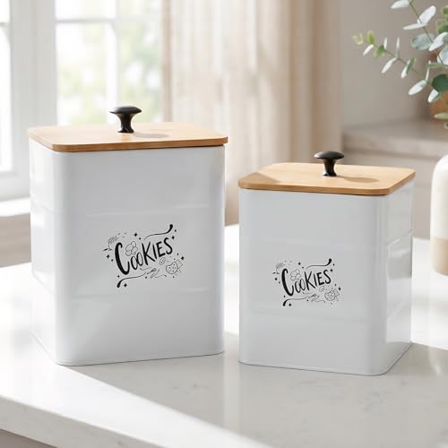Image of Goaste 2 Sizes Metal Cookie Jars with Lid, 101 & 54 OZ White Candy Cookie Tins, Decorative Food Storage Containers, Vintage Cookie Canister with Wide Opening for Kitchen Counter, Pantry, Gift Giving