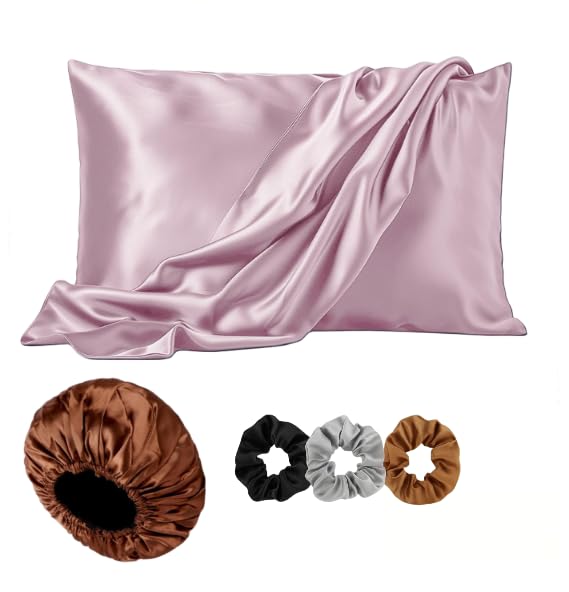 Image of Satin Pillow Cover with Silk Bonnet & 3 Premium Scrunchies - Hair & Skin Care Set for Women - Anti-Frizz Sleeping Combo - Gift Pack (Rose)