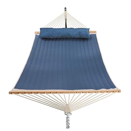 Patio Watcher 11 Feet Quilted Fabric Hammock with Pillow, Double Hammock with Bamboo Wood Spreader Bars, Perfect for Outdoor Patio Yard, Dark Blue