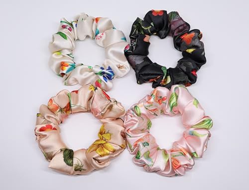 Image of Satin Scrunchies Hair Bands for Women | No-Damage Elastic Hair Ties for Ponytails & Buns | Fluffy & Stylish Rubber Bands | Free Size | Pack of 4 | Angel Blush Sm (Small Size)