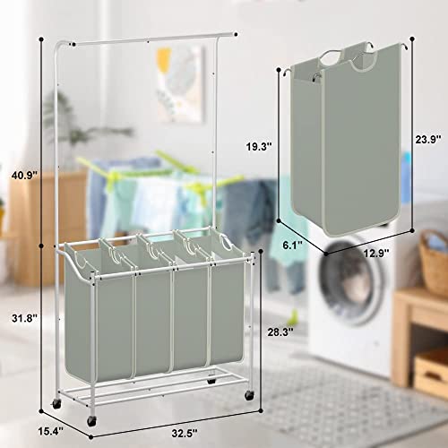 Hidodo Laundry Sorter 4 Sections, Rolling Laundry Sorter Cart With Hanging Bar, Laundry Organizer Hampers For Laundry Room (Greyish Green) #TOP5