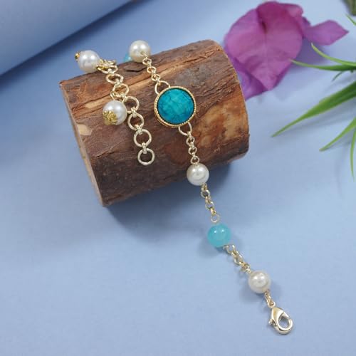 Image of I Jewels Designer Kundan Pearl beaded Bhaiya Bhabhi Lumba Rakhi Bracelet Combo Set With Roli Chawal & Rakshabandhan Greeting Card