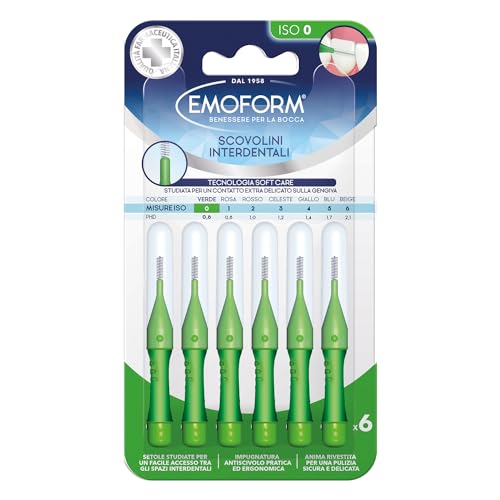 Scovolino Interdentale Emoform Verde 6 Pz. con Tecnologia SoftCare per un Contatto Extra Delicato sulle Gengive grazie alle Setole Morbide - Impugnatura Antiscivolo con Cappuccio per l'igiene Orale