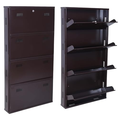Image of Metal Shoe Rack Wall Mounted for Home with Central Locking | 4 Door 28 inch Wall Mounted Metal 12 Pair Shoe Rack Cabinet | Pre-Assembled Rack Shelves | 3 Year Warranty (Brown)