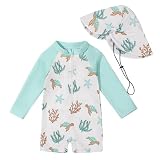 Odizli UV Kleidung Baby Jungen Langarm Reißverschluss Overall Badeoverall Badeanzug + Sonnenhut Schutz Anzug Schutzkleidung Badebekleidung Schwimmanzug Schwimmkleidung Weiß Schildkröte 3-6 Monate