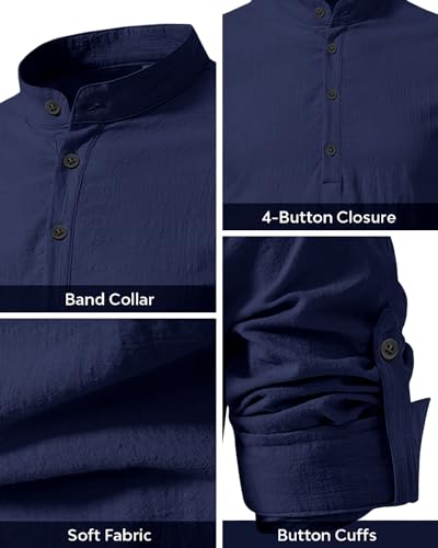 Image of Men's Cotton Blend Straight Kurta Shirt with Mandarin Collar - Slim Fit Casual Short Kurti Featuring Textured Slub Fabric and Roll-Up Full Sleeves