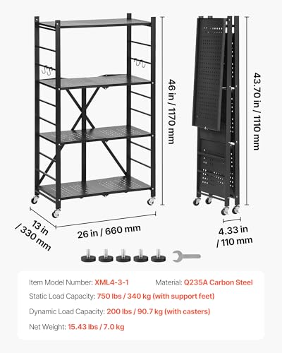 Image of VEVOR 4-Tier Foldable Storage Shelf, 26W x 13D x 46H Inch Folding Metal Rack Shelving Unit, No Assembly Organizer Shelf with 5 Wheels & 4 Hooks for Pantry, Kitchen, Garage, Basement, Black