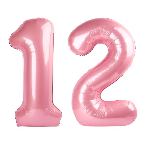 Image of 12 Balloon 40 inch Pearl Pink Number Balloons for 12 21 Birthday Decoration | Saturated Color, Large 40 in, With Straw & Hanging Hole, For Back-to-School Season, Wedding, Christmas, New Year, Anniversary