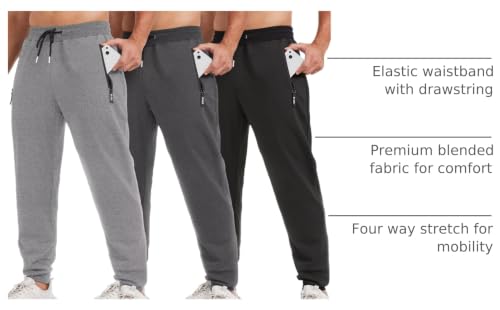 lomsoe 3 Pack Sweatpants for Men Tapered Mens Joggers Pants with Zip Pockets Fleece Slim Fit Workout Running Gym Sweat Pants(Black,Dark Gray,Light Gray,L)