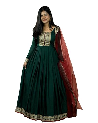 Image of Elegant Vichitra Silk Gown with Jacquard Zari Border - Includes Soft Net Dupatta with Lace Trim - Parrty Wear Ethnic Dress for Women & Girls