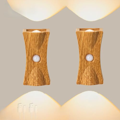 LED apliques de pared con sensor de movimiento y batería recargable tricolor en madera clara