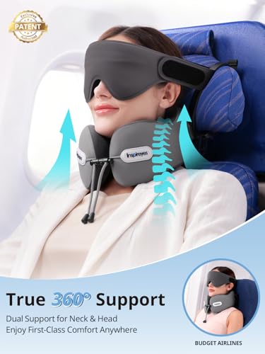 Inspireyes Neck Pillow, Travel Pillow with Seat Strap, 3D Sleep Mask, Dual Support Neck and Head, High Supportive Foam Airplane Pillow for Long Flight Road Trip, Stop Bobblehead Travel Essential, Grey - Image 3