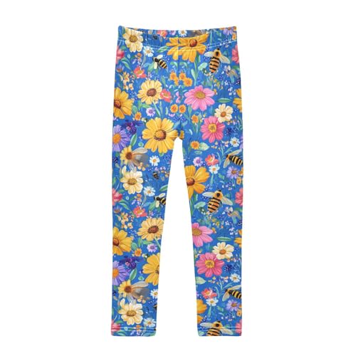 Wusikd Bees Flowers Girls' Leggings Toddler Doodles Blue Kids Yoga Pants Dance Active Tights 4T