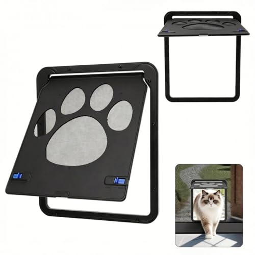 ENJOYING Puerta Gatos Mosquitera, Puerta Perro Pequeños Mosquitera con Página Magnética, Puerta Mascotas para Puerta Corrediza Ventana, Apagado Automático, Cerrable, Negro