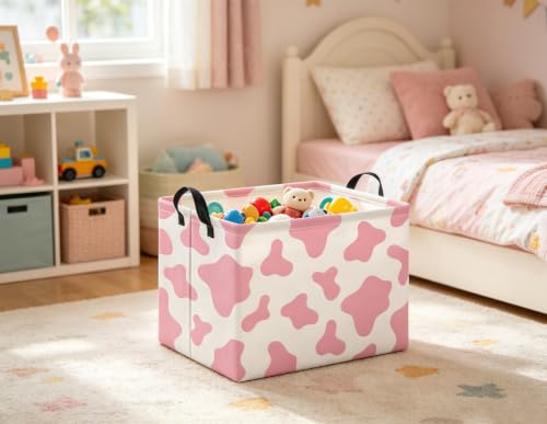 Image of Rectangular Baby Kids Storage Basket for Home Kitchen Girls Cute Toy Storage Bin Organizer Shelf Book Room Decor(Pink Cow)