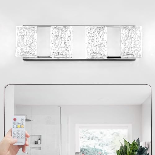 Image of Modern Chrome 4-Lights Bathroom Vanity Light, Eleglant Chrome LED Bathroom Light Fixtures Over Mirror, Dimmable Acrylic Shade Wall Lighting Fixtures, Hardwired Wall Light(H4.33in, L15.16in)