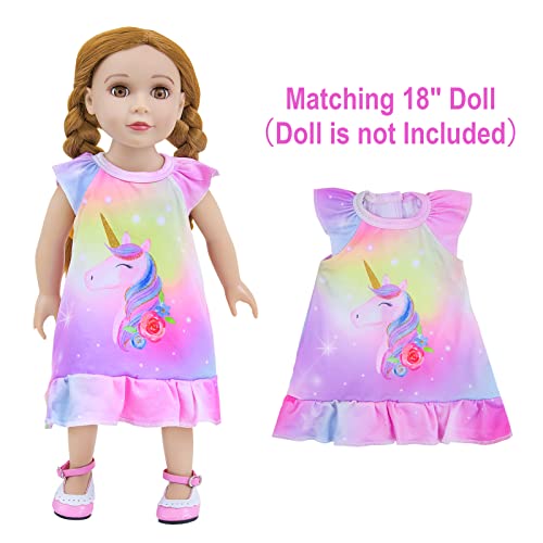 ICOSY Matching Girls & Doll Nightgowns Clothes Unicorn Pajamas Sleepwear Outfit for Girls and American 18" Girl Doll2