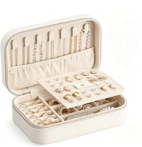 Lolalet Travel Jewelry Case for Women Girls Travel Jewelry Organizer with Clear Storage Bag Small Portable Jewelry Box for Necklace Bracelet Earring Ring Valentines Bridesmaid Gifts -Medium/Beige