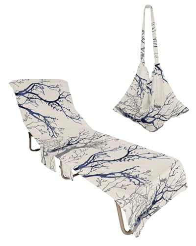 Blue Grey Botanical Beach Lounge Chair Towel Cover, Soft Chaise Lounge Towel with Side Pockets Patio Pool Chairs Cover for Beach/Pool Sunbathing 29x85 Pastoral Pastoral Rustic Burlap