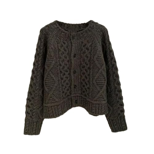 Women Chunky Line Twist Sweater Thick Short Round Neck Knitted Cardigan Tops