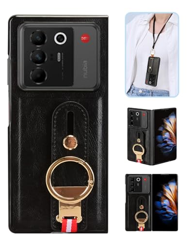 ZTE Nubia Fold 5G �p �P�[�X YAJOJO ���ƃL�b�N�X�^���h�@�\ ���|�� �X�g���b�v�t�� �ϏՌ� �����Y�ی� ���烌�U�[�[ + TPU�P�[�X �v�̎��� ��ʃ����Y�ی� �����h�~ �g�уJ�o�[ �w��h�~(�u���b�N)