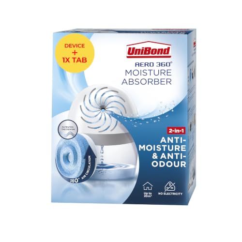UniBond AERO 360 Moisture Absorber 1 Device incl. 1 Refill Tab 450g Ultra-Absorbent Dehumidifier Helps to Prevent Condensation Mould & Musty Smells Recyclable Refillable Condensation Absorber