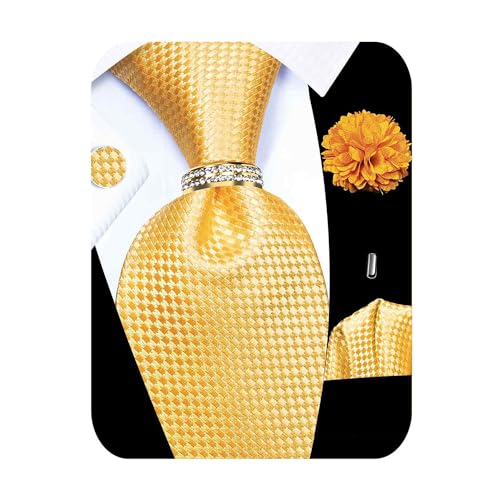 Image of 5PCS Mens Silk Tie, Pocket Square, Cufflinks, Drilled Tie Ring and Lapel Pin Set for Wedding Groom Party