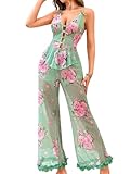ChiaoLezhee Women's Romantic Pajama Set, Floral Sheer Mesh Lounge Wear with Rhinestone Cami & Ruffle Pants, Sexy Bow Heart Summer Cute Bride Lingerie Cute Lace Valentine's Day Gift,Green & Pink,S
