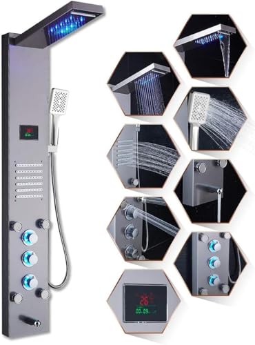 Image of ELLO&ALLO LED Stainless Steel Bathroom Shower Panel Tower System, Rainfall Waterfall Shower Head Rain Massage System with Body Jets, Brushed Nickel