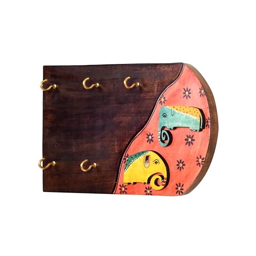 Image of AAKRITI ART CREATIONS Key Holder, Hoka-Poka Key Hanger with Elephant Motifs and Beautiful Artwork | Rustic Wooden Wall Organizer with 5 Hooks | New Home Gifts.