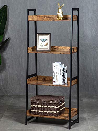 AMOAK 4-Tier Bookshelf, Industrial Ladder Shelf, Bookshelves, Vintage Bookcase, Storage Rack Shelves for Living Room, Bathroom, Wooden and Metal Frame, Retro Brown