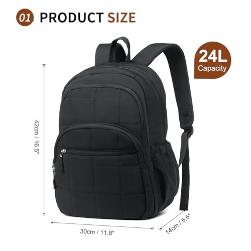 Quilted Laptop Backpack for Women, Casual Work Daypack for 15.6 Inch Laptop, Travel Bag with Luggage Strap, Black3