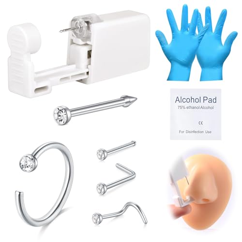 AVYRING 8Pcs Nose Piercing Kit Built-in Silver Studs Painless Self Kit with 20G Nose Rings Studs Disposable Piercing Gun